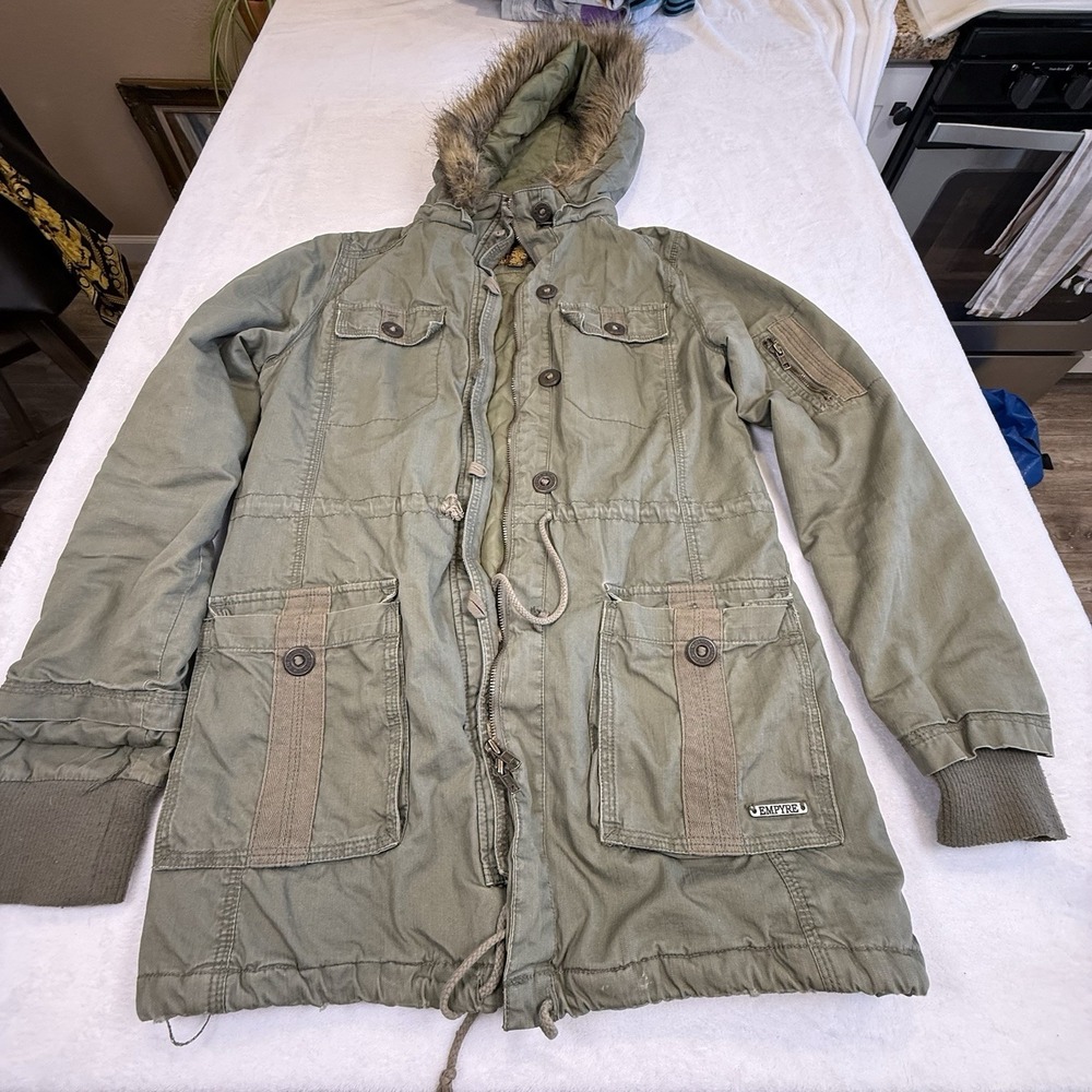 Empyre Women's Medium Olive Green Hooded Military Parka Faux Fur Jacket Coat